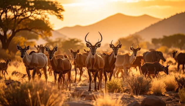 Vigilant Eland Herd Gazing Directly into the Golden African Sunset