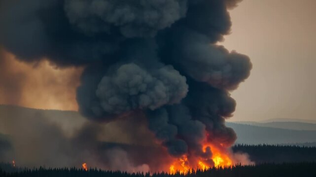 Forest wildfire with thick smoke rising over trees