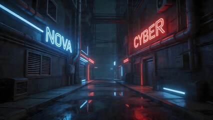 Fototapeta premium Neon lit alleyway at night