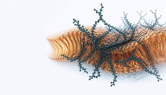 Hydrocarbon Molecular Chains Spreading Across Amber Phospholipid Cell Membrane, Isolated White Background Scientific Illustration