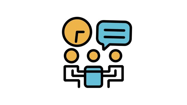 Animated business conference roundtable meeting icon with a clock and a chat bubble symbol.
