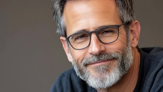 Mature man with glasses and beard smiling gently, close-up portrait