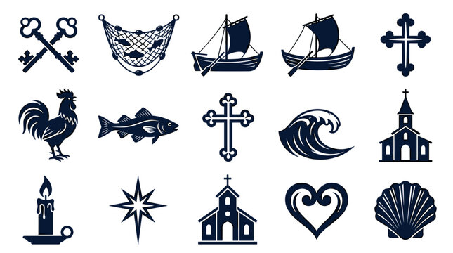A set of nautical and religious vector icons on transparent background