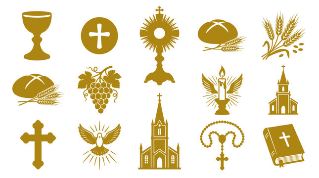 A set of gold Christian icons on transparent background