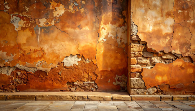 Weathered Cognac Orange Stucco Wall Corner with Cracked Peeling Plaster and Exposed Stone Bricks, Vintage Mediterranean Exterior Background