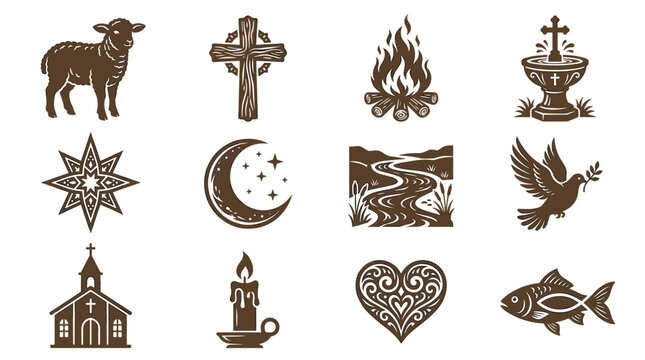 A set of Christian icons and symbols in a flat design style on transparent background