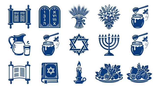 A set of Jewish symbols and icons on transparent background