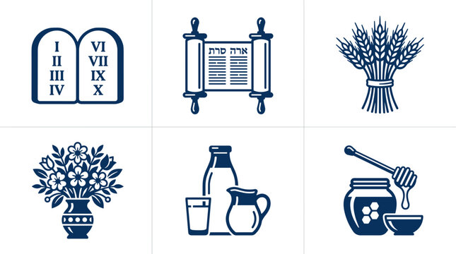 A set of six blue and white Jewish icons on transparent background