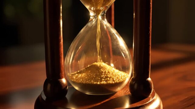 Closeup of an antique hourglass with golden sand flowing through time.