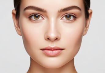 Fototapeta premium Young woman face with natural glow and clean skin perfect for dermatology and spa advertising.