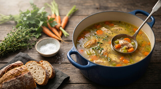 Traditional homemade chicken noodle soup with boiled egg halves and fresh dill in ceramic bowl