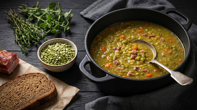 Traditional split pea soup with smoked ribs and crunchy garlic croutons in rustic ceramic bowl