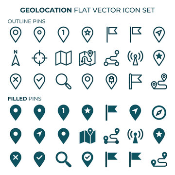 Geolocation Flat Vector Icon Set With Pin