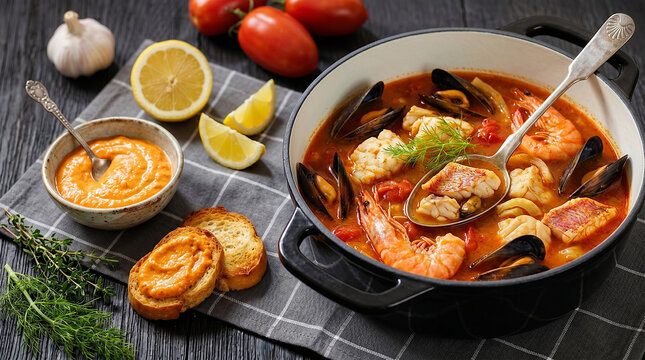 Traditional French bouillabaisse seafood soup with prawns mussels and fish in bowl on dark rustic table