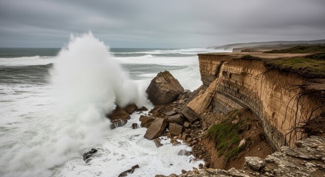 Coastal erosion in action with a steep cliff collapsing heavily into the restless ocean.