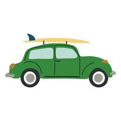 Naklejka premium Green car carrying surfboard on roof traveling