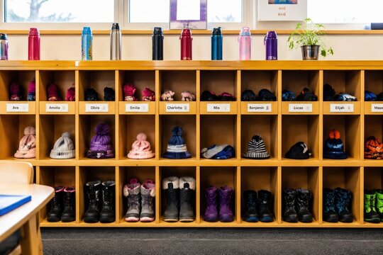Wooden cubbies with winter boots, hats, and mittens labeled with names. Organized, cozy atmosphere of a daycare during winter. Ideal for educational materials or school brochures.
