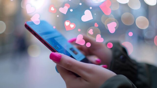 Woman using smartphone with floating hearts. Digital social interaction and online dating concept. Communication mobile app with virtual romantic notification effect.