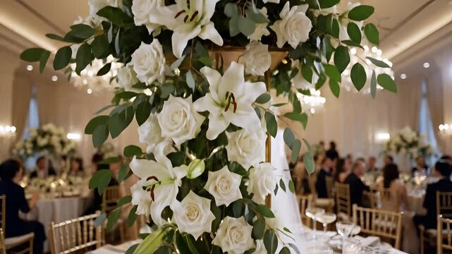 Elegant White Floral Centerpiece at a Wedding Reception.