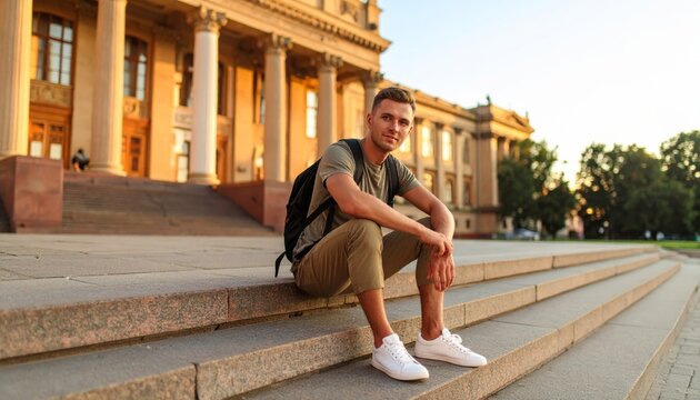 Confident Young Student Relaxing on Grand University Steps at Golden Hour.