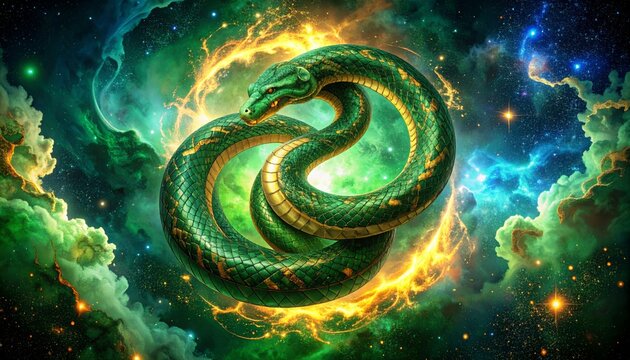 Celestial Serpent with Golden Scales Coiled in a Fiery Green Nebula