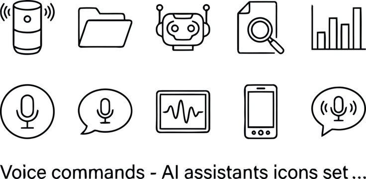Voice command AI assistant icons set for smart home and mobile devices.