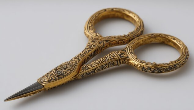 Close up of ornate gold scissors with detailed floral pattern on white