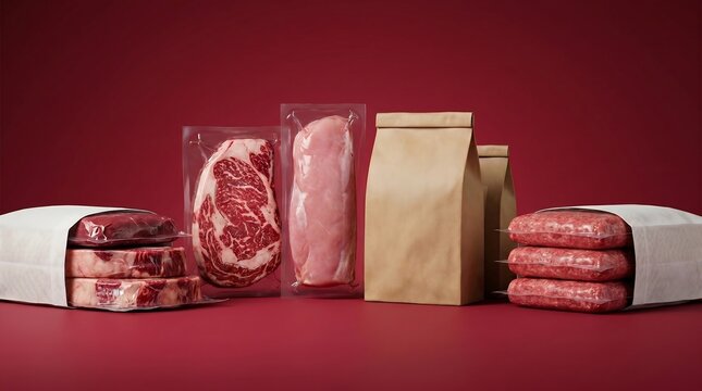 Pilihan beragam daging segar premium seperti steak, daging giling, dan dada ayam dalam kemasan vakum serta kantong kertas, cocok untuk bisnis makanan.