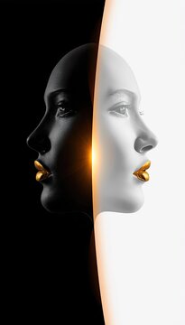 Split face portrait with black silhouette and white side featuring glowing gold lips and light beam