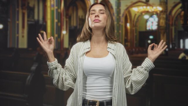 Woman with hands in prayer and meditative mudra, eyes closed, wearing white tank and striped shirt, standing in a church nave with pews and stained glass; serenity mindfulness devotion.