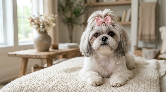 Cute Shih Tzu dog sitting on a cozy white bed.