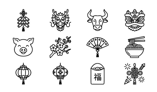 Chinese new year outline icon set dragon lantern and festive symbols vector isolated on white background