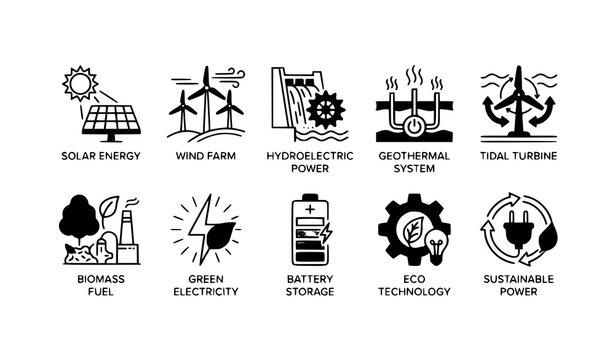 Modern renewable power plant icon set sustainable energy and eco technology vector isolated on white background