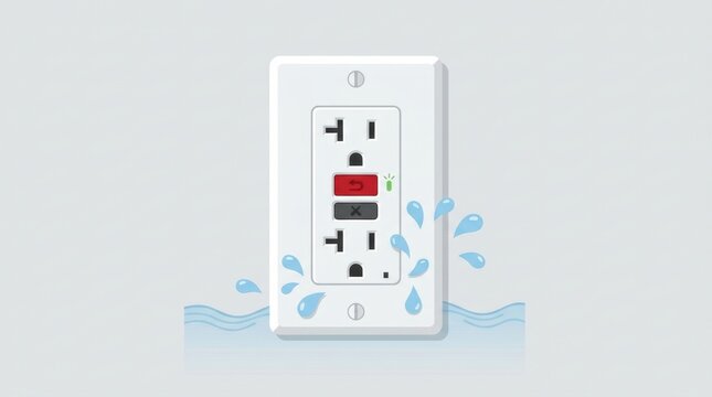 An illustration shows an electrical outlet surrounded by water, highlighting safety concerns with electrical devices in wet environments.
