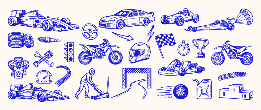 Racing Collection: A hand-drawn illustration featuring a variety of racing-themed elements, including formula cars, motorcycles, go-karts, flags, trophies, and pit stop tools.