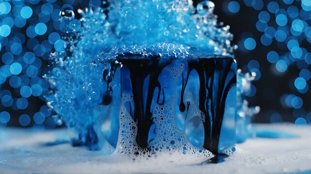 Viscous Black Liquid Dripping and Bubbling in Blue Light.