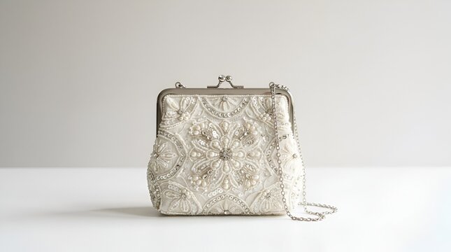 Elegant white beaded vintage style evening clutch purse