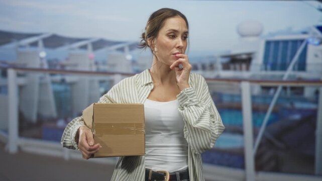 Woman holding a cardboard box, finger to chin in a thinking pose on a cruise ship deck; pensive uncertainty.