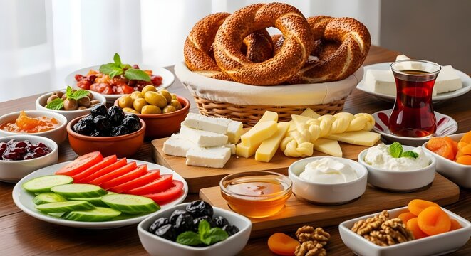 Turkish breakfast traditional Turkiye Kahvaltı with simit bread olive cheese and a glass of tea on a table Turkey culture