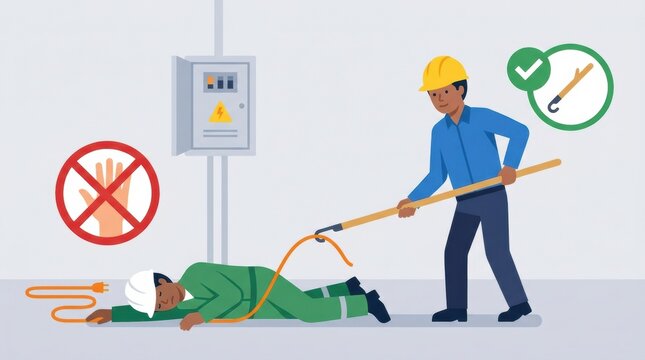 A rescuer uses a tool to keep a victim away from an electrical hazard in a workplace setting to ensure safety during an emergency situation.