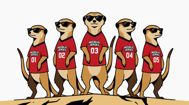 Five cool meerkats wearing sunglasses and sports jerseys with numbers standing on a sandy ledge Pet in the 2026 soccer world championship
