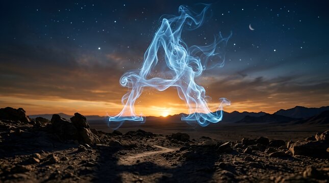 Glowing ethereal letter A over desert landscape at sunset.