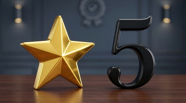 Golden star and black number five on wooden surface.