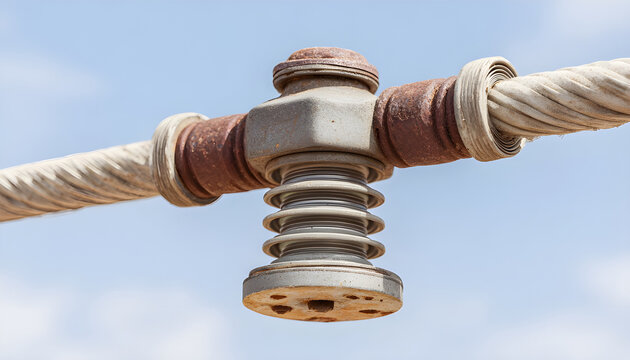 Closeup of ceramic insulator mounted on overhead railway electric wire, isolating high voltage traction line against clear sky, showing power infrastructure detail