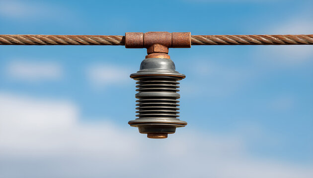 Closeup of ceramic insulator mounted on overhead railway electric wire, isolating high voltage traction line against clear sky, showing power infrastructure detail