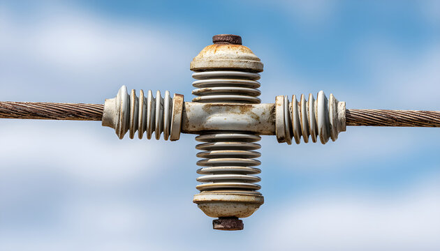 Closeup of ceramic insulator mounted on overhead railway electric wire, isolating high voltage traction line against clear sky, showing power infrastructure detail