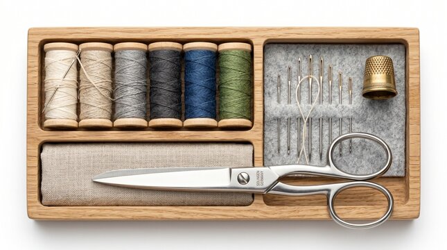 scissors thread needles thimble fabric embroidery craft diy seam stitch tailoring beige wooden box silver scissors gold thimble spools threads handmade crafting embroidery kit