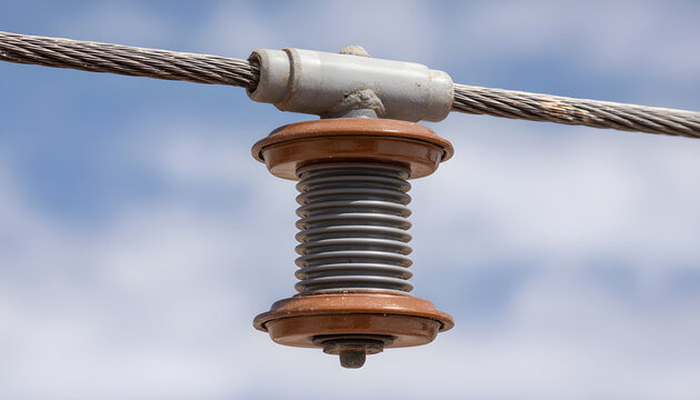 Closeup of ceramic insulator mounted on overhead railway electric wire, isolating high voltage traction line against clear sky, showing power infrastructure detail