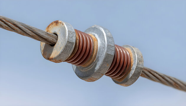 Closeup of ceramic insulator mounted on overhead railway electric wire, isolating high voltage traction line against clear sky, showing power infrastructure detail