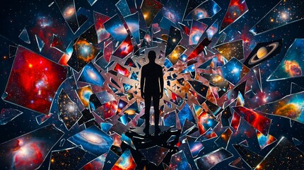 Fototapeta premium Silhouette of a person standing amidst floating shards of broken glass reflecting colorful deep space nebulae and galaxies in a surreal digital art composition.